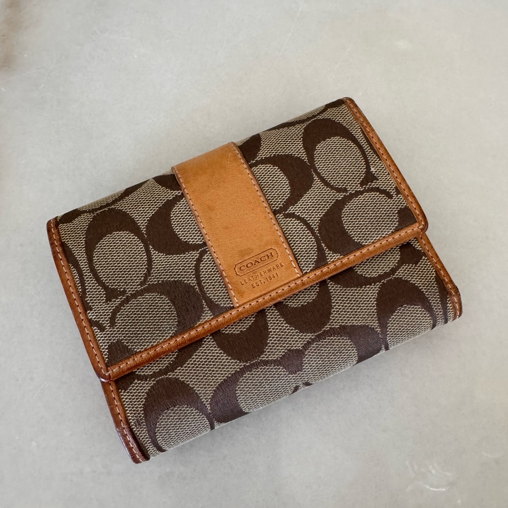 Vintage Coach Signature Brown and Tan Trifold Wallet